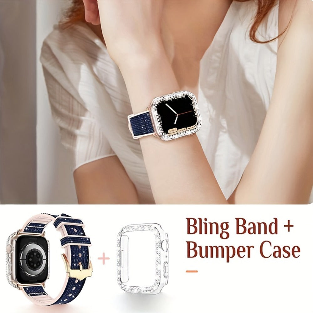 Apple Watch Band with Case Crystal Rhinestone Bling, Chameleon Color-Shift Strap + Shockproof Hard PC Cover, Compatible with Apple Watch Series 1-9 SE Ultra 38mm to 49mm S10 – Rose Gold Black Silver Women