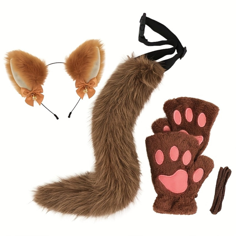 Cat Costume Set 3 Piece – Bell Ear Headband, Plush Paw Gloves & Adjustable Tail for Halloween, Cosplay, Role Play & Stage Performances, Cute Gift for Women Girls, Grey White Brown Pink