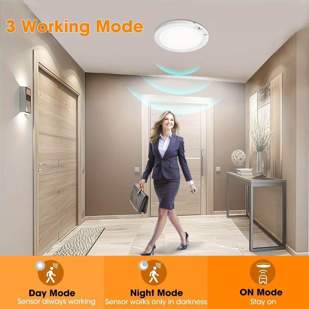Rechargeable Ceiling Light No Wiring – Battery Operated LED Ceiling Light with Remote Control, Motion Sensor, Dimmable & Timer, Wireless Overhead Light for Bathroom Pantry Hallway Closet Porch Garage