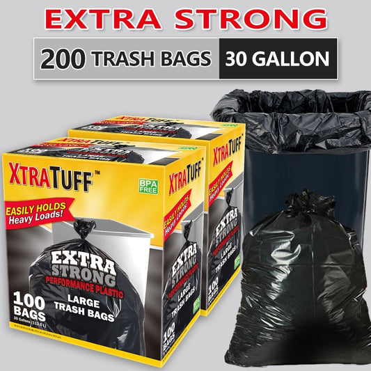 Trash Bags, 30-Gallon Black Garbage Can Liners, 200 Count in 4 Rolls
