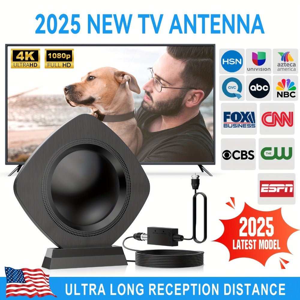 360° Omnidirectional Indoor TV Antenna 200 Mile Range – Amplified Digital HDTV, Ultra-Thin Flat Design, 4K 1080p HD, Smart TV RV Travel Compatible, Long Coaxial Cable Included