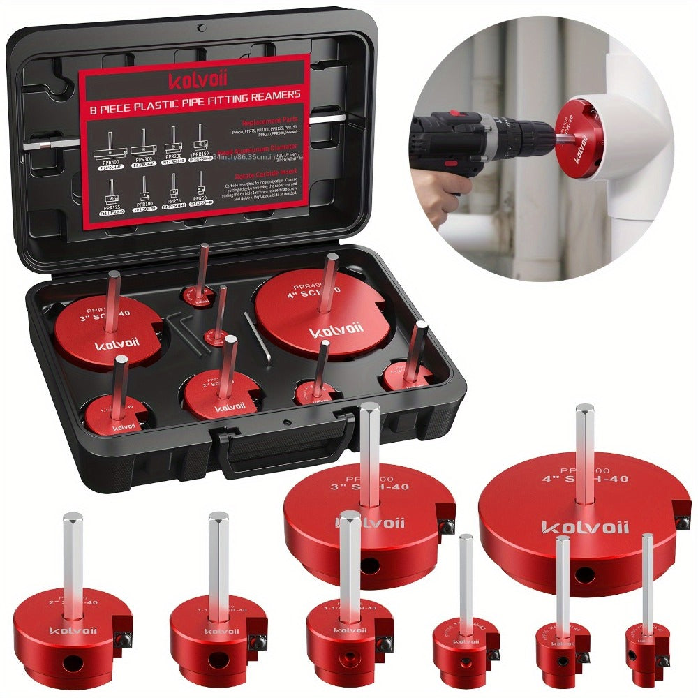 PVC Pipe Reamer Kit 8pcs - Fitting Saver for SCH 40 Plastic Pipe, Aluminum Alloy Body with 11.5" Hex Shaft, 8 Sizes 1/2" to 4", for PVC PP PE ABS Pipes, Drill Compatible, Red