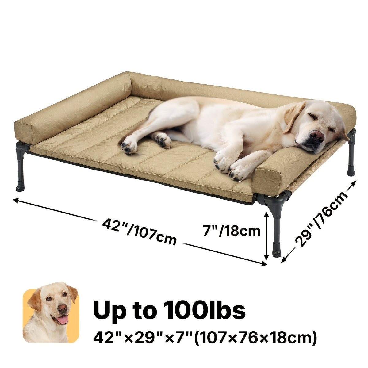 Elevated Dog Bed with Cooling Mesh & Removable Bolster Pillow Top Mat – Raised Dog Cot Bed, No-Slip Feet, Breathable Dog Sofa Bed for Indoor & Outdoor Use