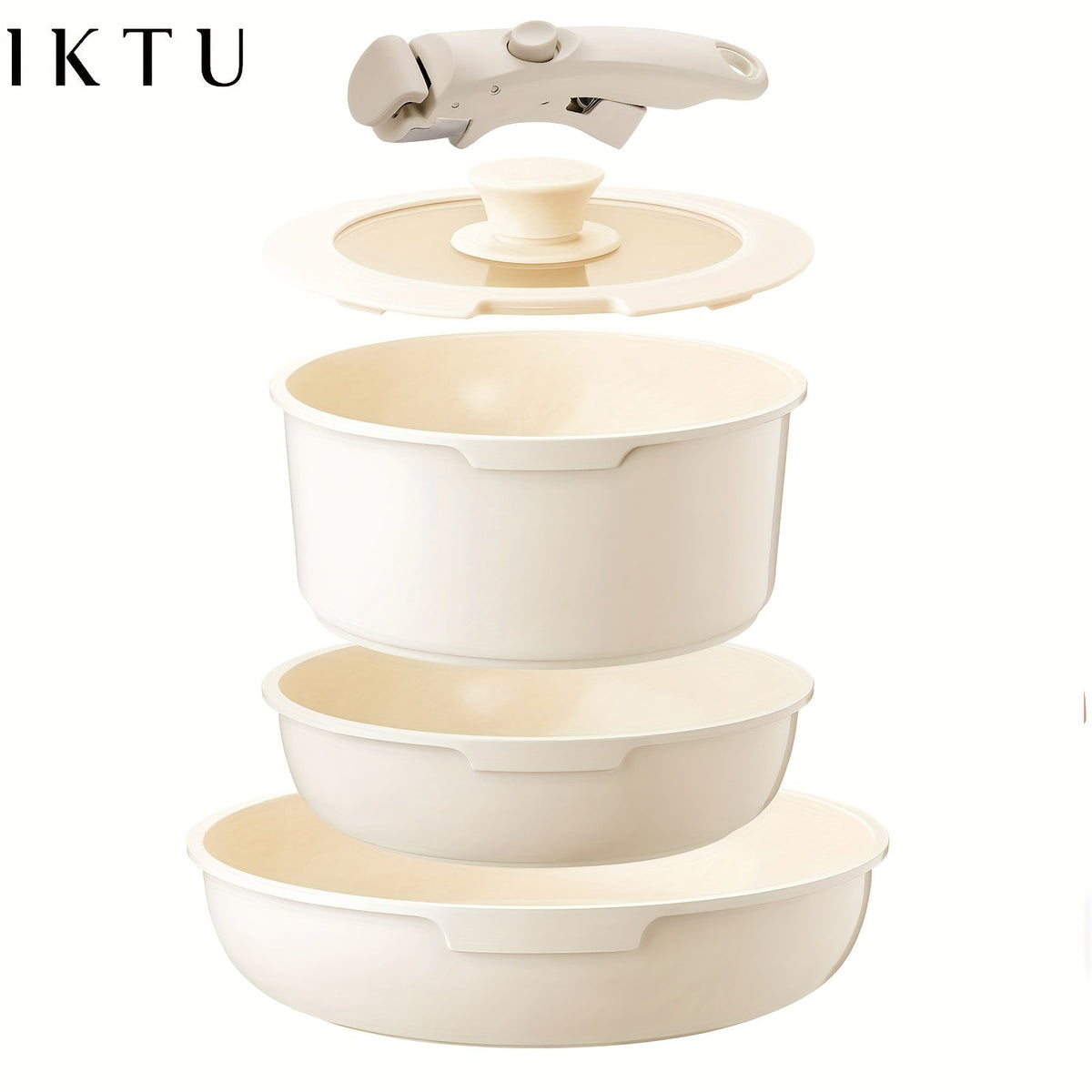 Nonstick Cookware Set 5-Piece Detachable Handle Aluminum Pots and Pans – Space-Saving Stackable Induction Compatible | 8 & 10 Inch Frying Pan Soup Pot Universal Lid | White Pink Beige Coral Pink