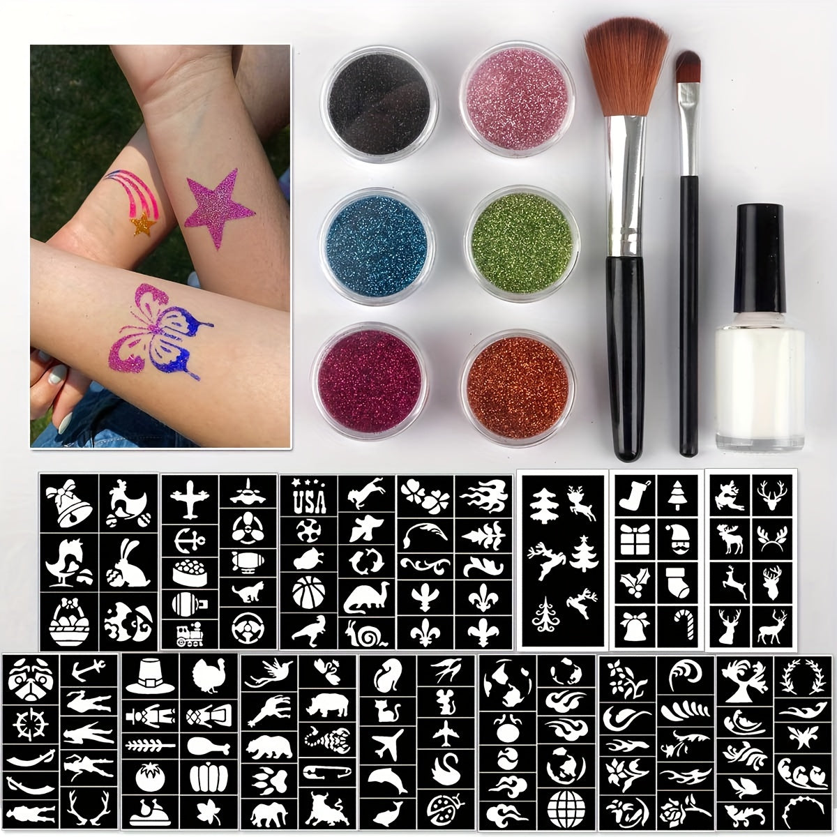 Glitter Tattoo Kit for Kids & Adults – 14 Stencil Sheets 6 Metallic Colors Skin-Safe Body Glue 2 Brushes Temporary Body Art Set for Birthday Parties Festivals Halloween Rave Costume Events