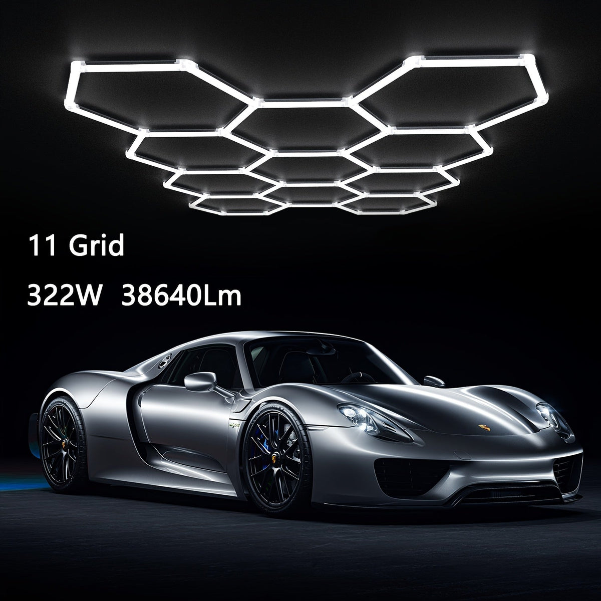 LED Hexagonal Garage Light 6500K – Super Bright Daylight White Shop Light 42W–620W for Auto Detailing, Warehouse, Workshop, Basement & Gym (1 to 32 Grids, Hex Frame Available)