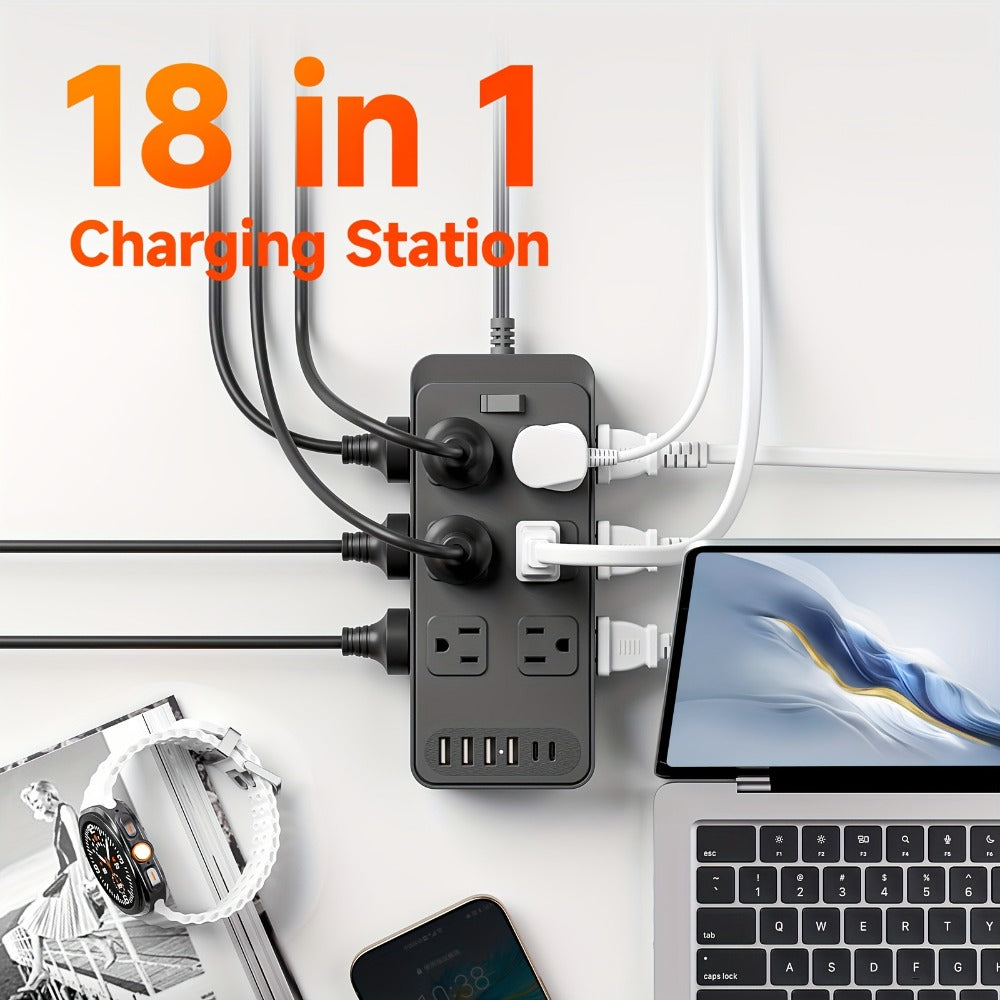 Flat Plug Power Strip 18-in-1 Fire-Resistant Surge Protector with 12 AC Outlets & 6 USB Ports (4 USB-A & 2 USB-C), 5ft Extension Cord, Charging Station for Home, Office & Travel