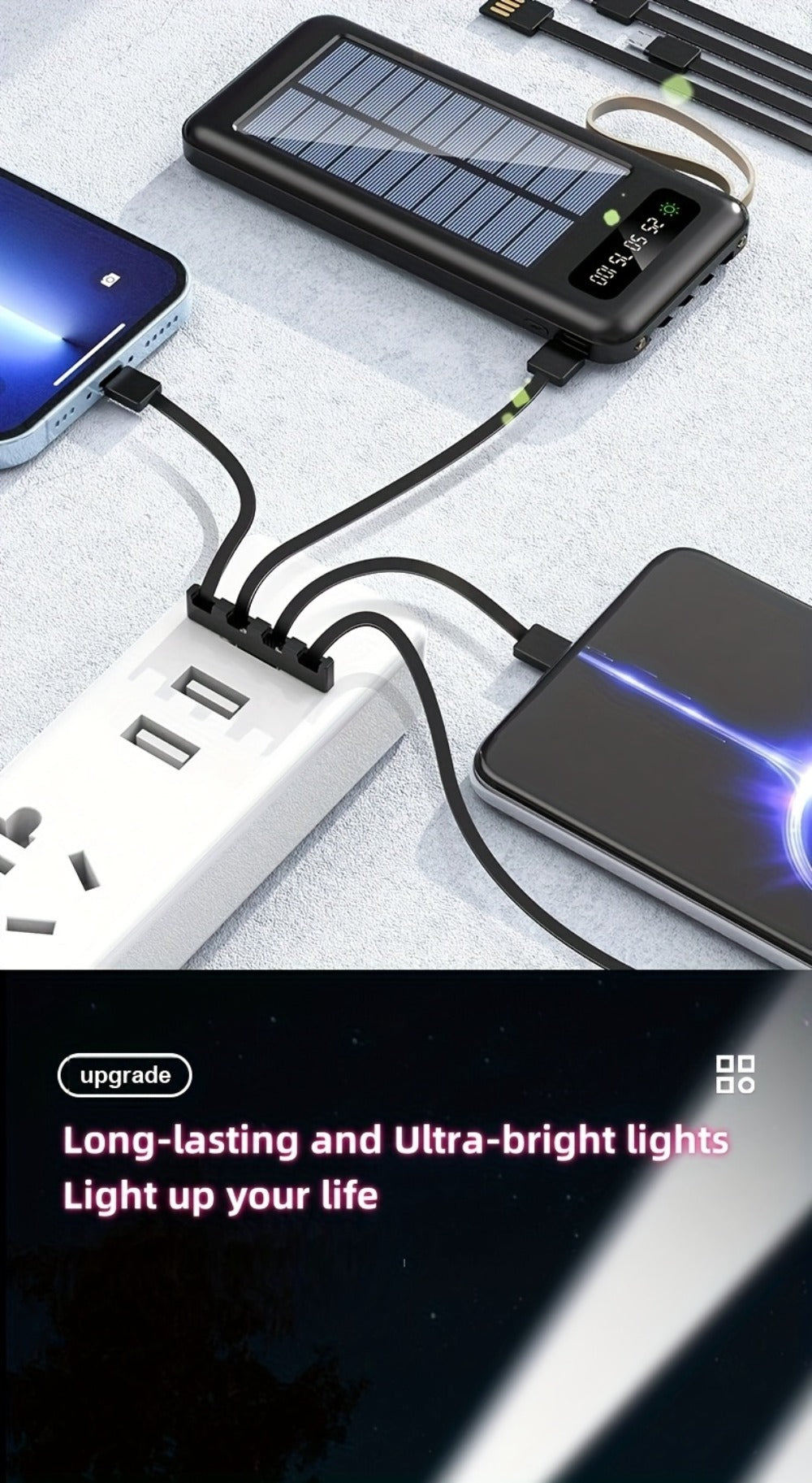 Solar Power Bank with Built-in 4 Cables LED Flashlight 15W Fast Charging Digital Display Dual USB USB-C Portable Charger 10000mAh 20000mAh 30000mAh for iPhone Android Camping Hiking