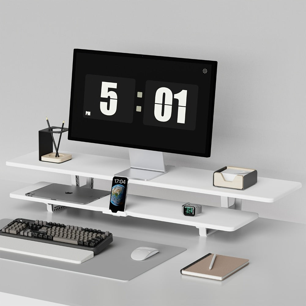 Dual Monitor Stand Riser with Storage E-Sports Style, Adjustable Height Ergonomic Desk Organizer with Cable Management, Modern Minimalist Desktop Stand for Home Office Gaming Setup, Black & White