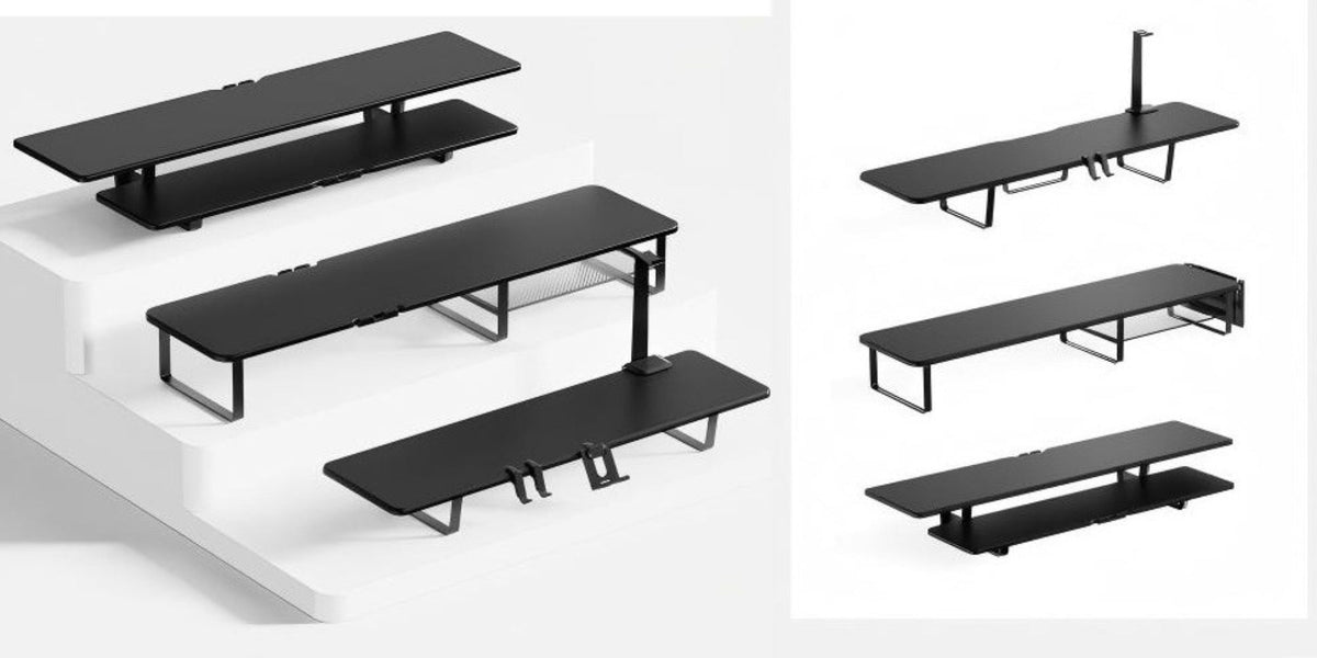Dual Monitor Stand Riser with Storage E-Sports Style, Adjustable Height Ergonomic Desk Organizer with Cable Management, Modern Minimalist Desktop Stand for Home Office Gaming Setup, Black & White