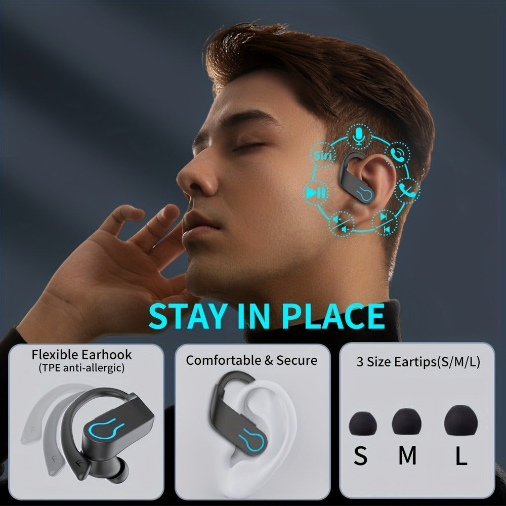 TWS Earhook Wireless Earbuds Semi-Open Back with LED Charging Case, ENC Noise Reduction, Touch Volume Control, Built-In Microphone, True Wireless Bluetooth Headphones for Sports Travel Work
