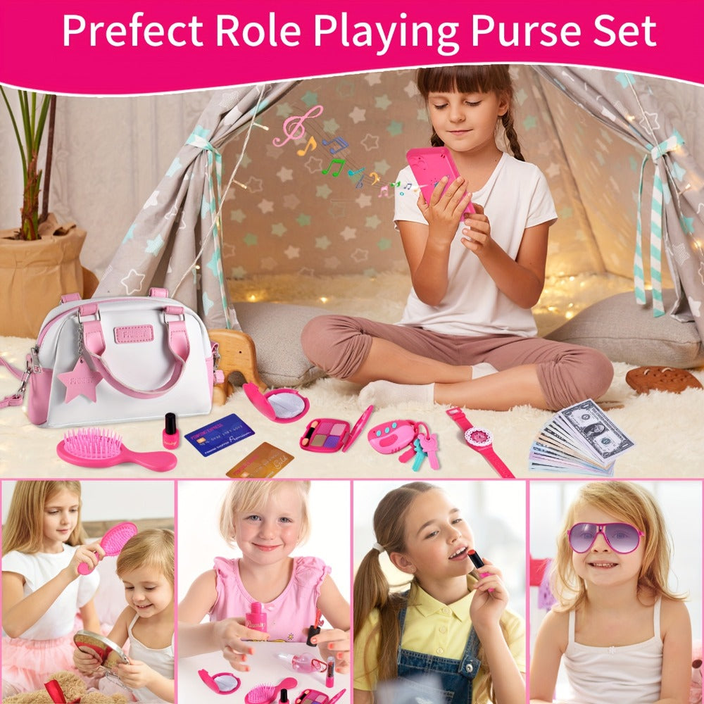 Pretend Play Purse Set with Toy Phone, Pretend Makeup, Keys & Crossbody Bag, Pink
