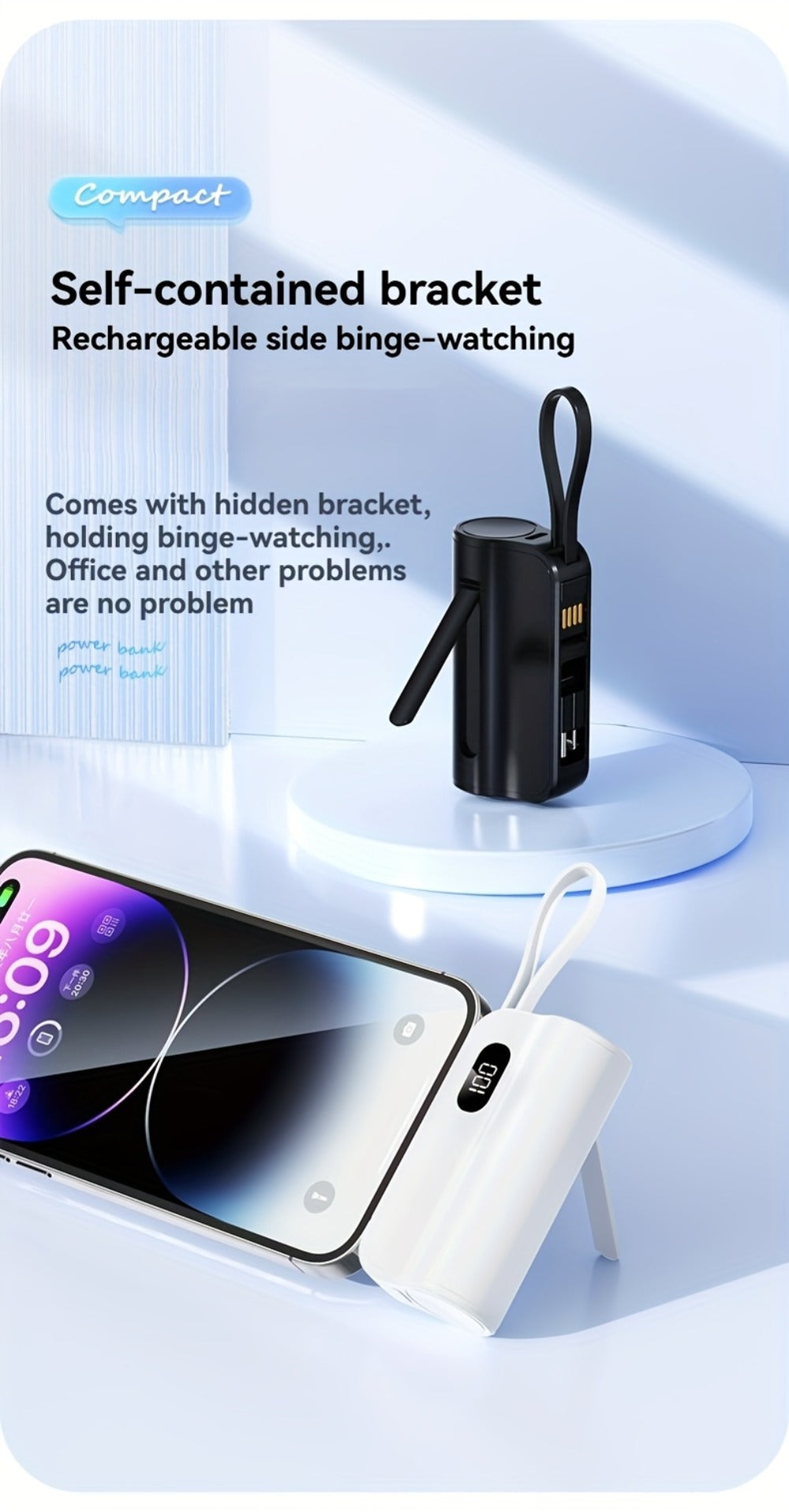 Mini Power Bank 6000mAh LCD Digital Display 22.5W Fast Charging Portable Battery Pack Gift Set with Data Cable Bracelet iPhone USB-C Android Pink Black Purple
