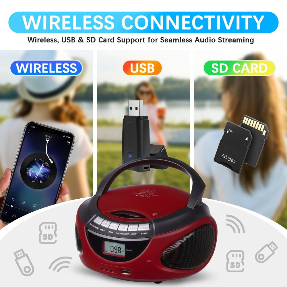 Portable CD Player Boombox with AM FM Radio Dual Stereo Speakers, Aux Input USB TF Card MP3 Player, Earphone Jack, A-B Repeat, Plug & Play 120V, Multi-Function Home & Outdoor CD Boombox