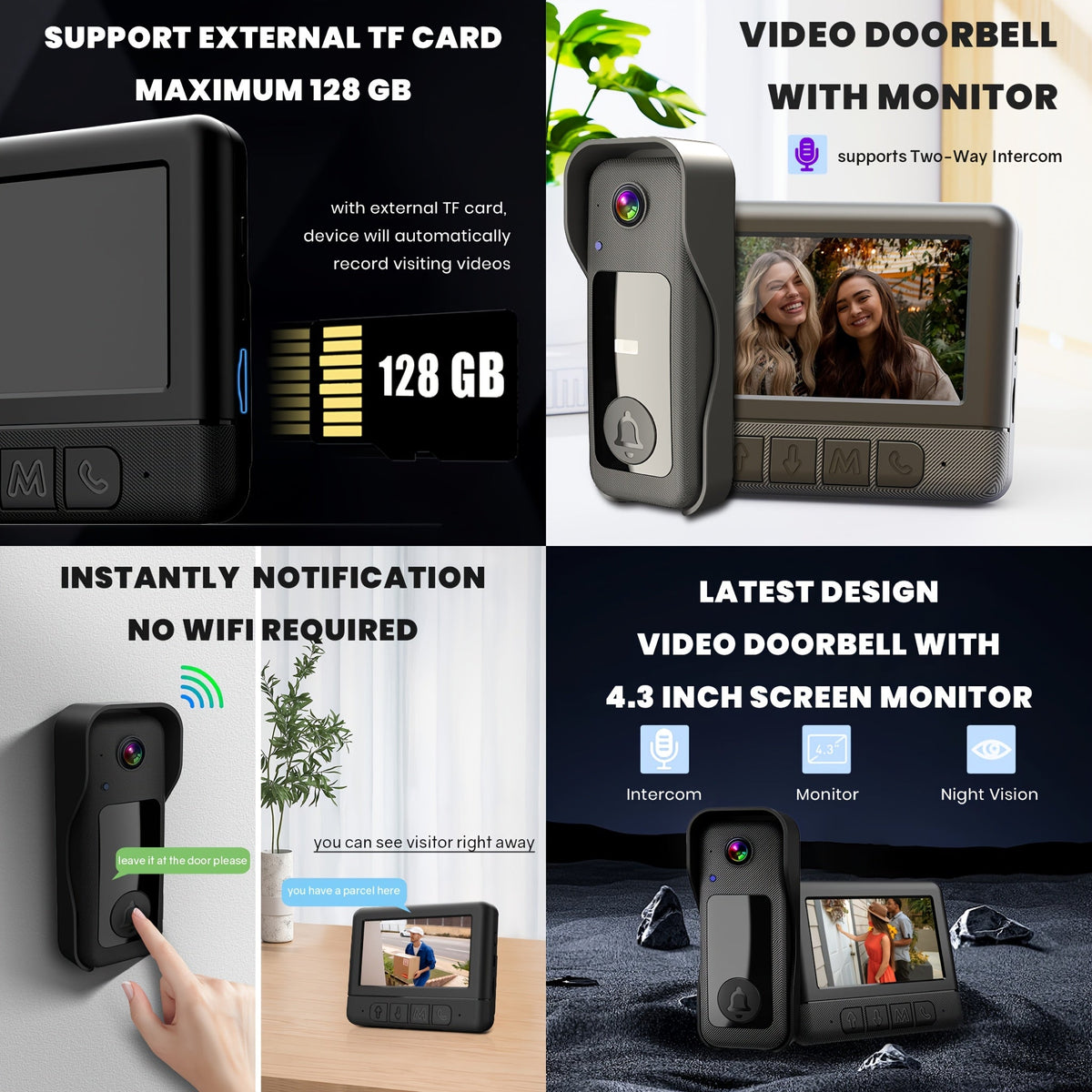 Wireless Doorbell with Monitor No WiFi No Subscription – 4.3" Screen, Two-Way Talk, Night Vision, 365-Day Standby, IP66 Waterproof, 128GB Auto Recording, No App No Monthly Fee