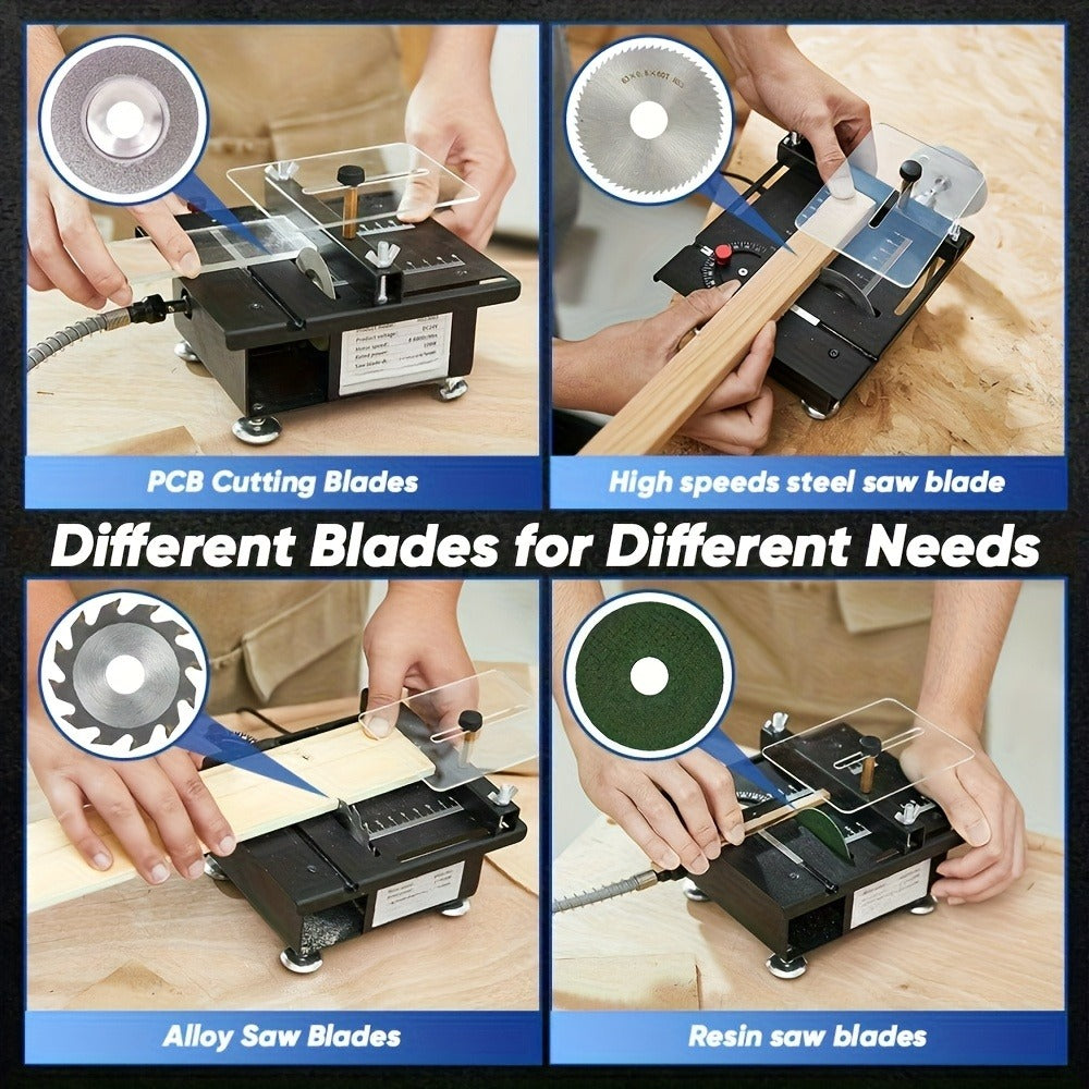 Mini Table Saw Multifunctional Desktop Cutting Machine – 100W Motor, 7-Speed Adjustable, 0–90° Angle Cut, 4 Saw Blades Included, Portable DIY Table Saw for Wood, Metal, Plastic, PCB, Acrylic – with Extra Accessories Option