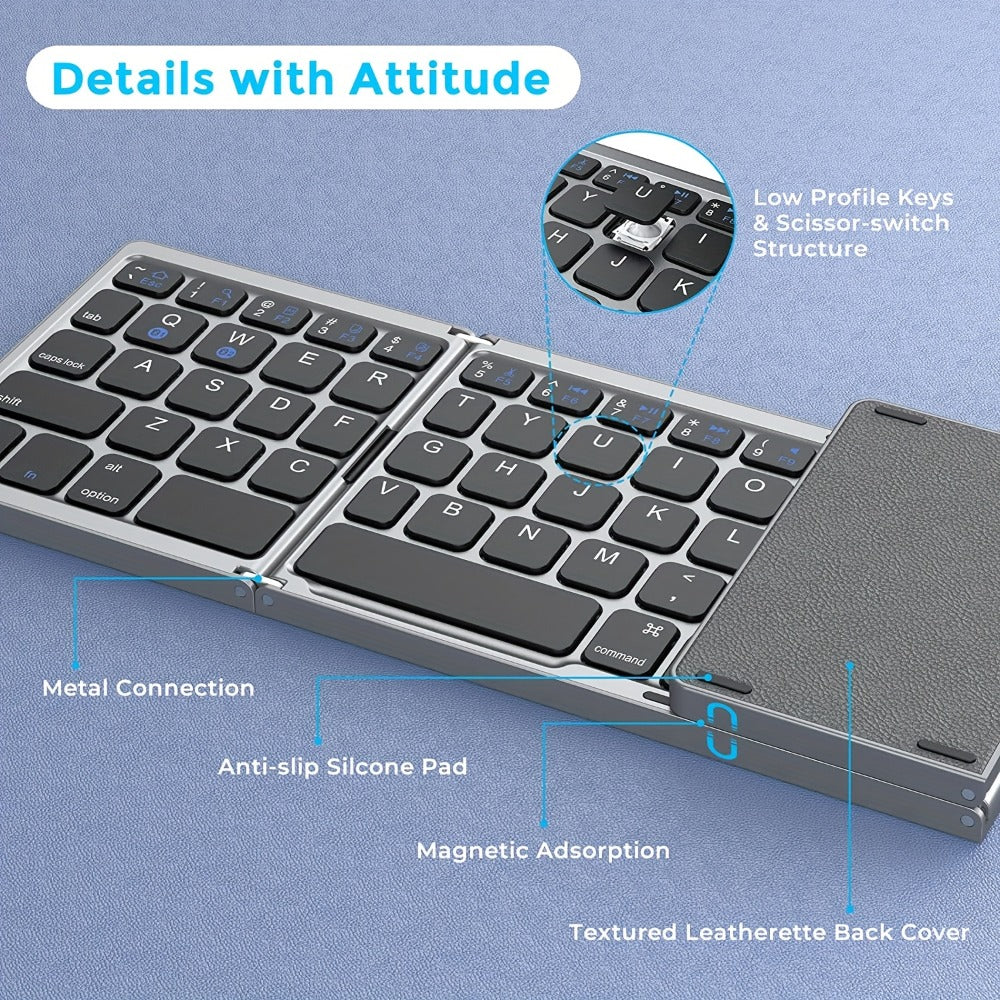 Tri-Fold Bluetooth Keyboard with Touchpad Rechargeable Portable Foldable Wireless Keyboard for iPhone iPad Tablet Laptop PC Smartphone Windows iOS Android – Seenda Aluminum Travel Keyboard BT 5.1