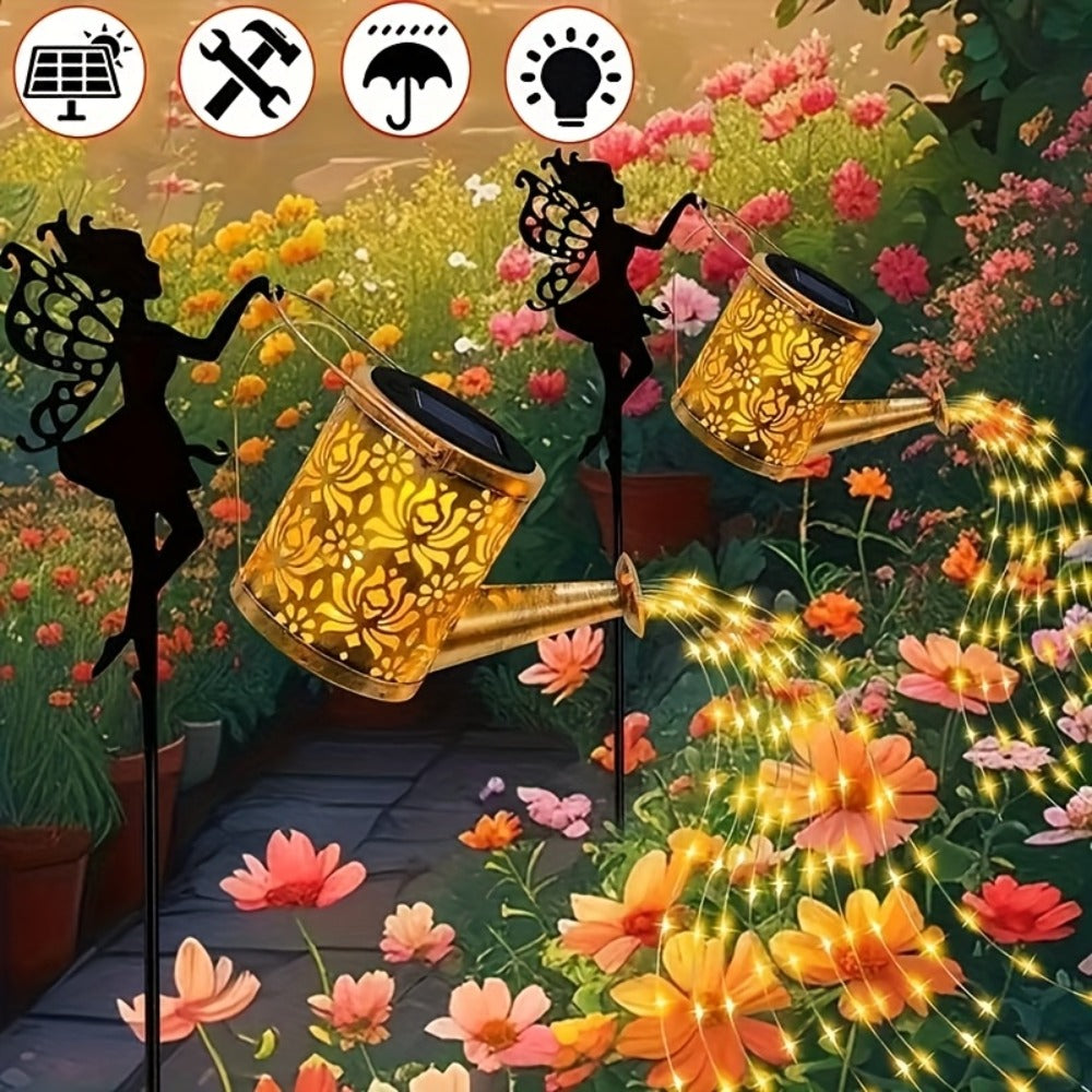 Solar Watering Can Lights 2pcs Garden Waterfall, IP65 Waterproof Hanging Solar String Lights with Ground Plug for Outdoor Lawn, Patio & Holiday Decor, Christmas Garden Gift