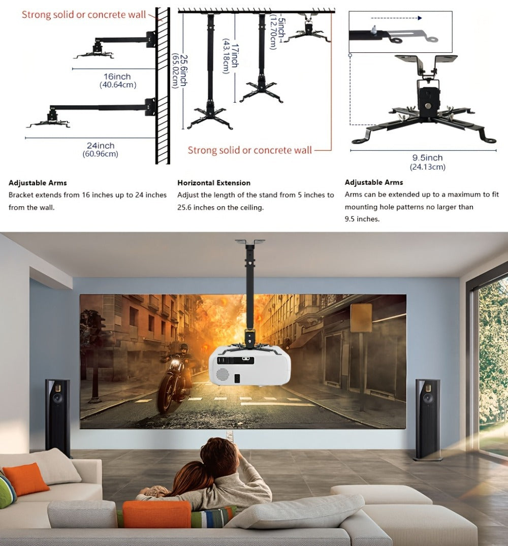 Ceiling Mounted Projector Bracket Adjustable Angle Height & Extendable Arm, 40LB Load Capacity, Universal LCD DLP Projector Mount Hanger for Home Theater Office Classroom