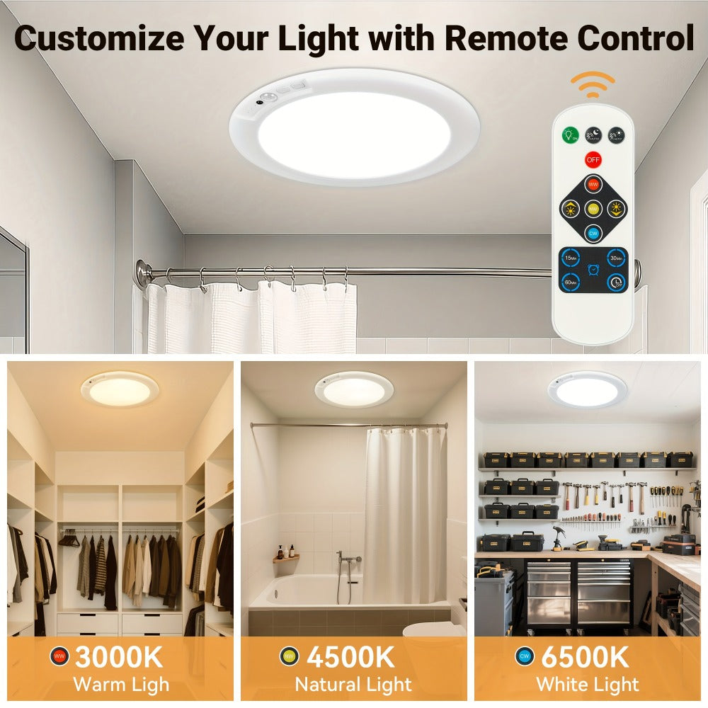 Rechargeable LED Ceiling Light with Motion Sensor – Remote Control Dimmable, 3 Color Temps 3000K/4500K/6500K, 10 Brightness Levels, Battery Operated Closet Light for Bathroom Hallway Pantry Porch