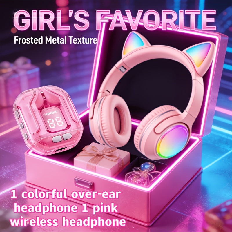 Cute Pink Cat Ear Headphones & Wireless Earbuds Gift Set Bundle LED Glowing Over-Ear Headset Combo for Girls Teens Women Birthday Holiday Back to School