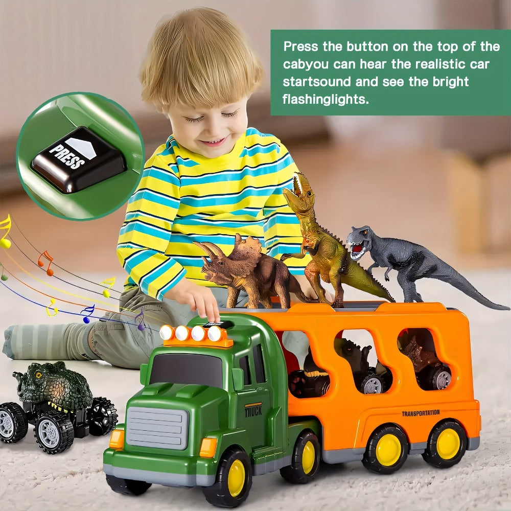 Dinosaur Transport Truck Toy Set with Figures, Cars, Lights and Sounds