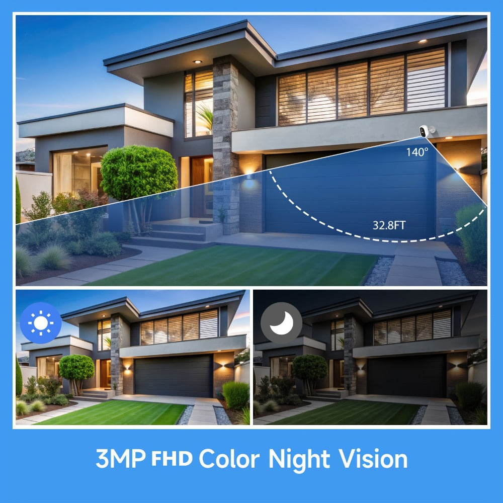 Solar Powered Outdoor Security Camera 3MP 1296P, IP65 Weatherproof, AI Human Motion Detection, Spotlight Color Night Vision, Zone Intrusion Alert, Two-Way Audio, 256GB SD & Cloud – Wire-Free CCTV