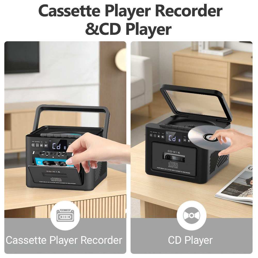 Portable Boombox CD Player with Cassette Tape, FM Radio & MP3 Player, HiFi Stereo Speaker System, 5000mAh Rechargeable Battery, USB AUX TF Card Playback, Retro All-in-One Audio System Gift