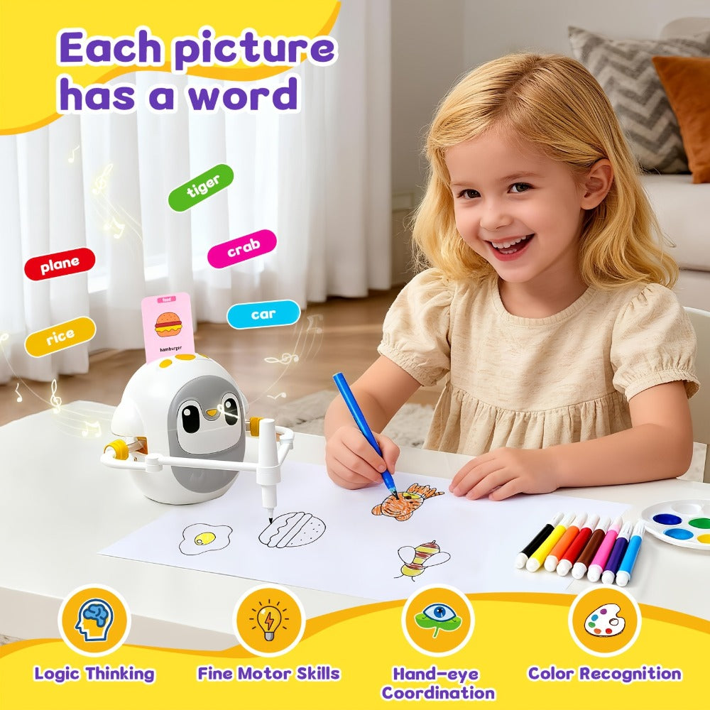 Drawing Robot for Kids Penguin, 200 Learning Cards & 12 Color Pens, STEM Art Educational Toy, Screen-Free Interactive Drawing Game, Step-by-Step Lessons for Boys & Girls Ages 3+, USB Charging, Birthday Gift