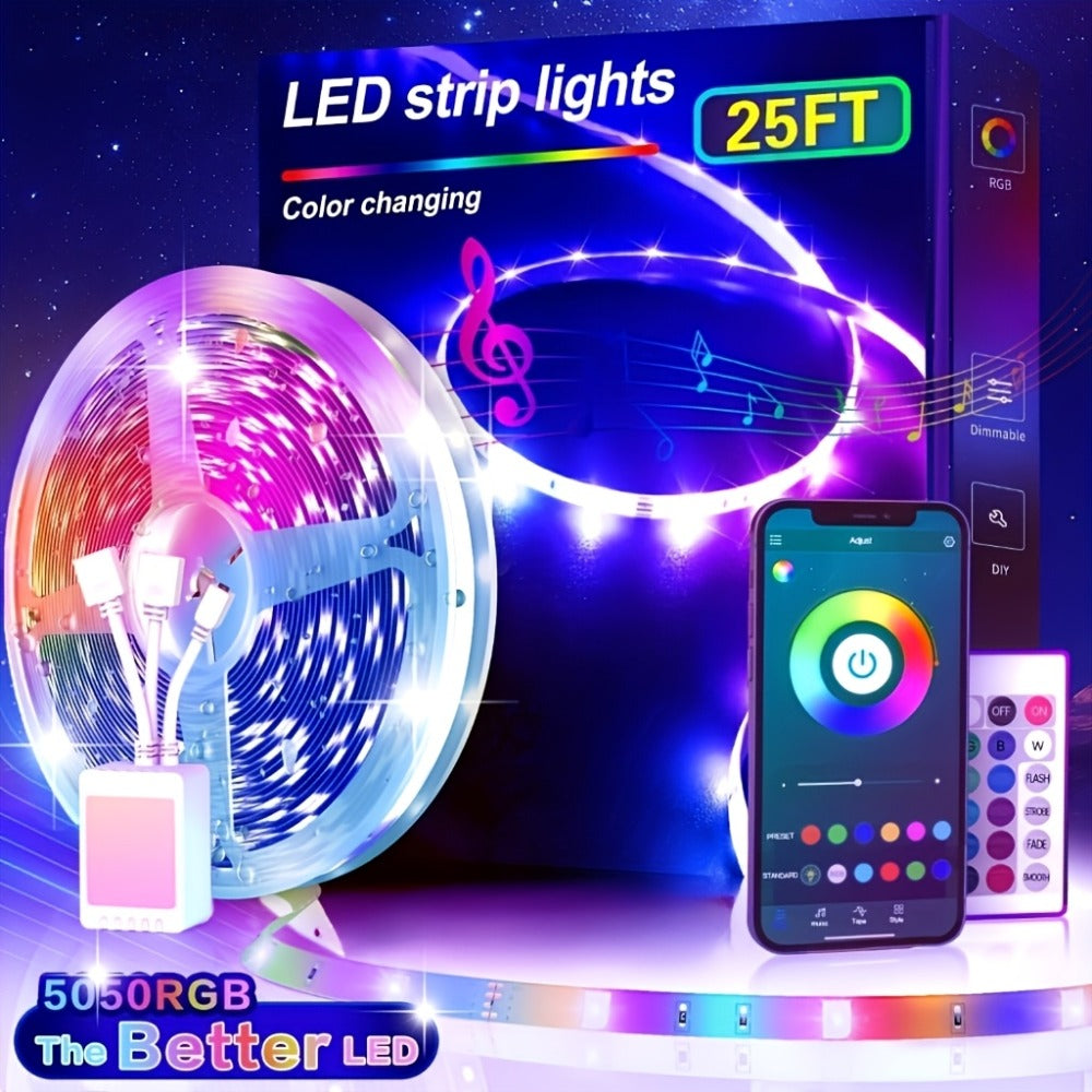 Smart LED Strip Lights 5050 RGB IC App & Remote Control, Music Sync Color Changing, for Bedroom Living Room Kitchen TV Home Decoration, Party Holiday Lighting – 25ft 50ft 100ft 130ft 200ft Available