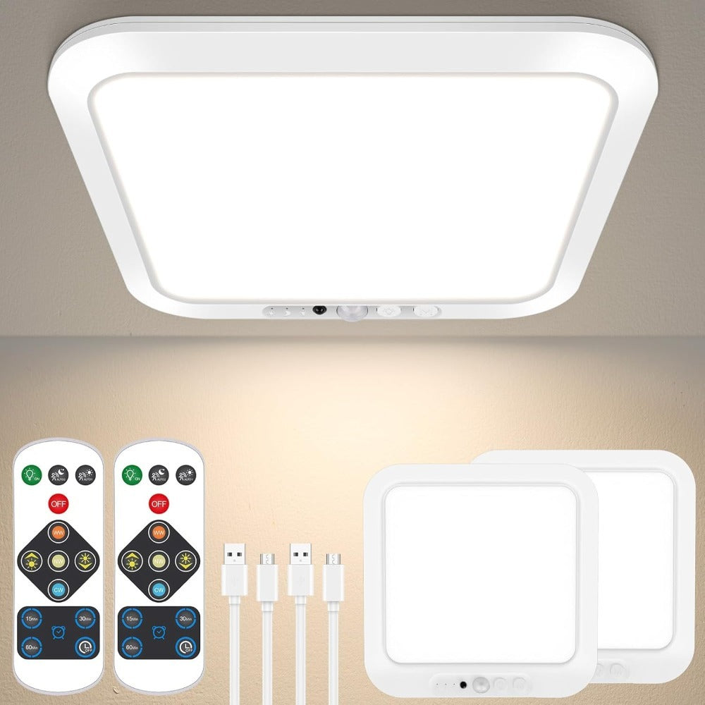 Motion Sensor Ceiling Light Rechargeable with Remote – 3-Color Dimmable Wireless LED Overhead Light, No Wiring, Battery Operated for Closet, Shower, Pantry, Shed & Hallway (Round & Square, 1 or 2 Pack)