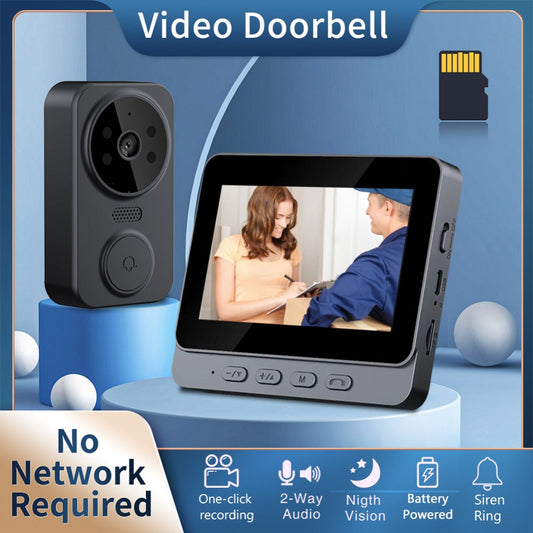 1296P Video Doorbell with 4.3" Indoor Monitor & Local SD Storage - No WiFi No App Required, Two-Way Audio, IR Night Vision, 1200mAh 2-Month Battery, 120° Wide Angle, One-Key Pairing, Black