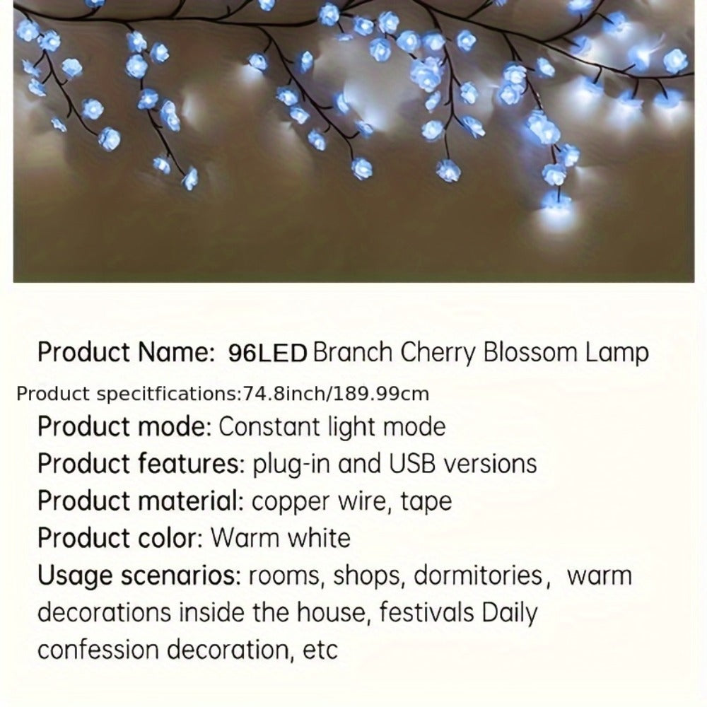 Cherry Blossom LED Fairy Lights USB Powered – 96-Light Faux Floral Garland, Dimmable Warm & Cool White, Plug & Play | Firework, Butterfly & Pink Styles | Bedroom, Party & Holiday Indoor Decor