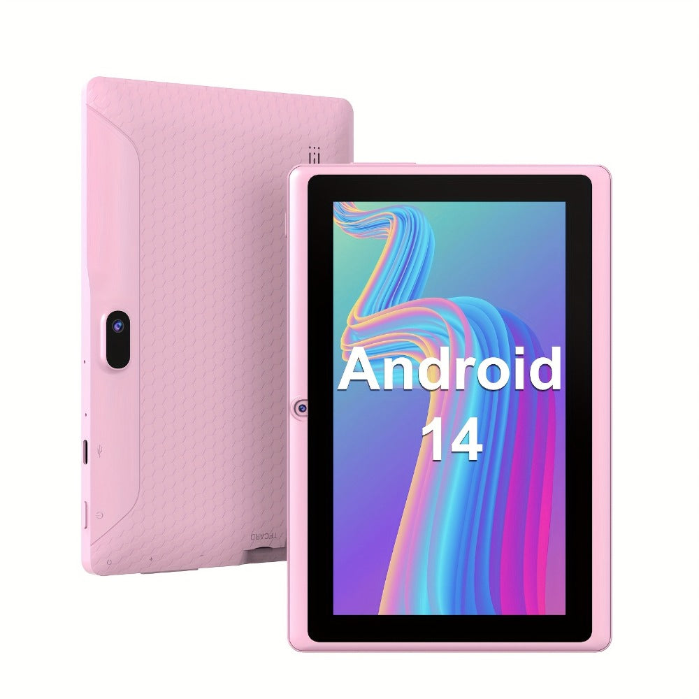 Portable Android 14 Tablet 7 Inch 32GB Storage 512GB SD Expandable Quad-Core 1024x600 IPS HD Touchscreen Dual Camera 2.4G WiFi Lightweight Budget Tablet PC for Browsing Streaming Reading Travel White Black Pink