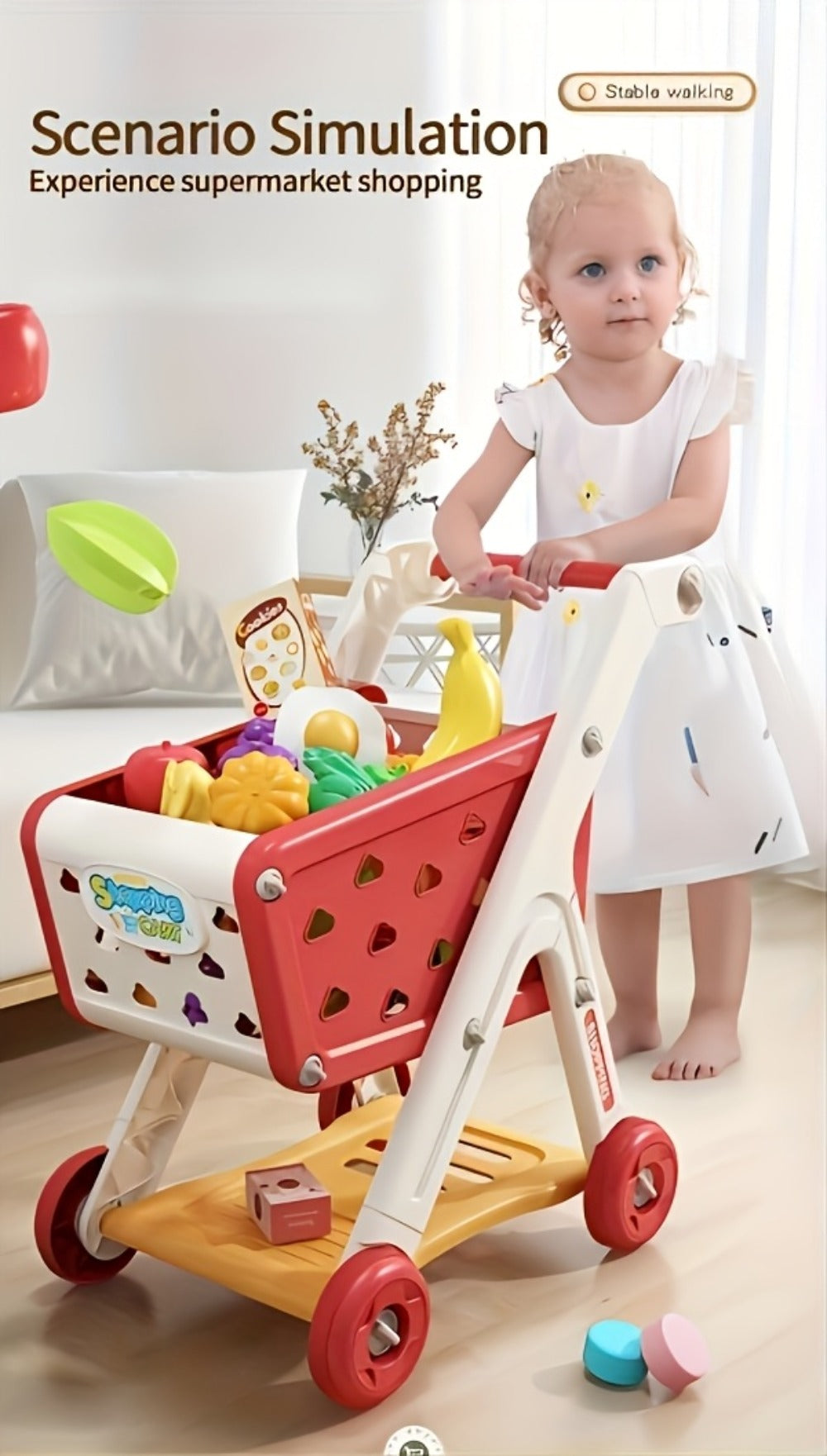Pretend Play Shopping Cart Set with Toy Food for Grocery Store Role Play