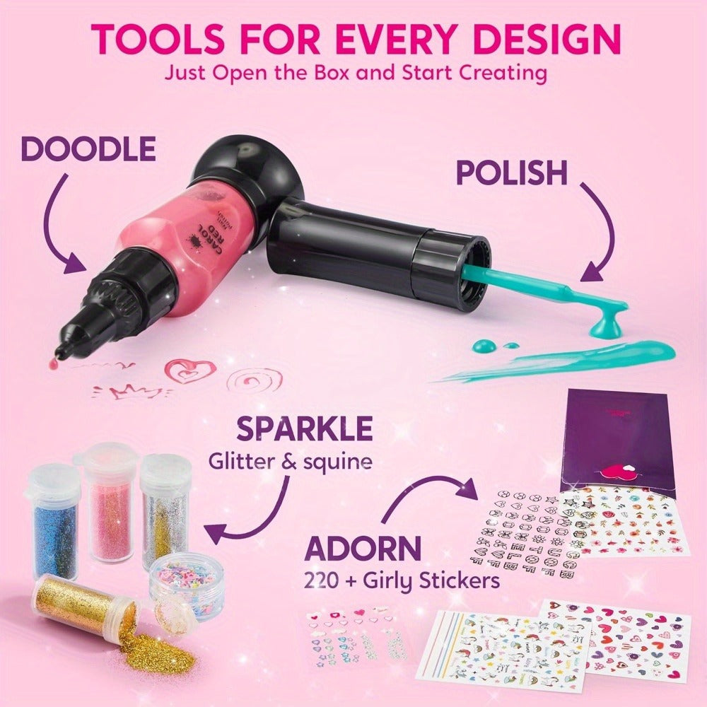 Kids Nail Art Kit with 220+ Stickers, Glitter & Polish Brush Pens