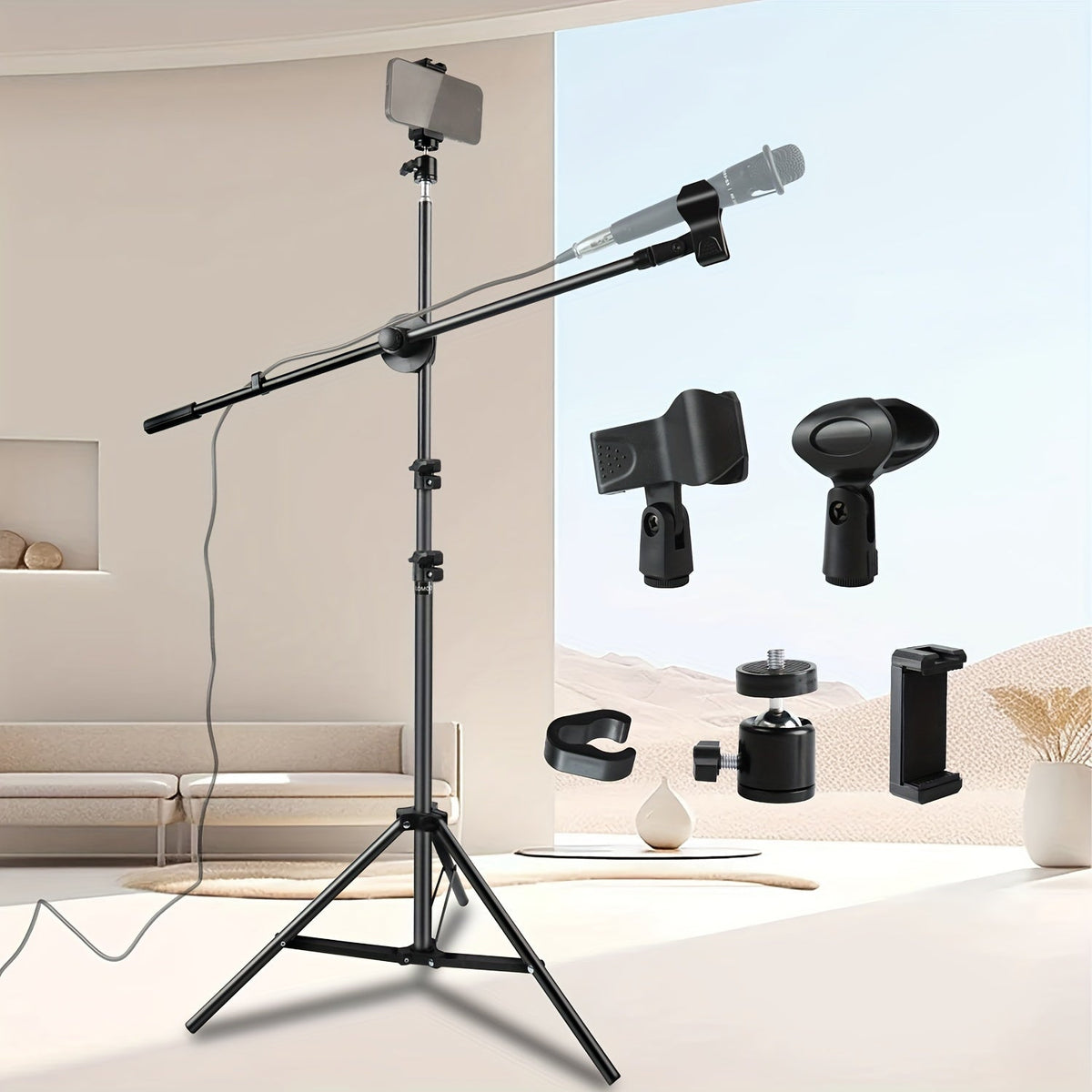 Adjustable Tripod Microphone Stand with Boom Arm Floor Mount Metal Mic Stand Dual Mic Clips Phone Holder for Live Performance Wedding Stage Karaoke Streaming