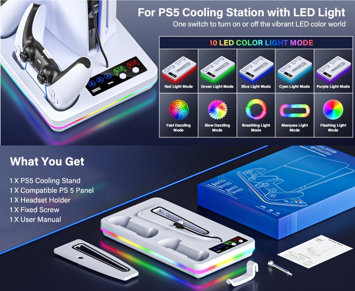 PS5 Cooling Stand with Dual Controller Charging Dock – Compatible with PS5/Slim/Pro Standard & Digital Edition, 3-Speed Fan, 10 RGB Lights & USB Hub, PlayStation 5 Gaming Accessories