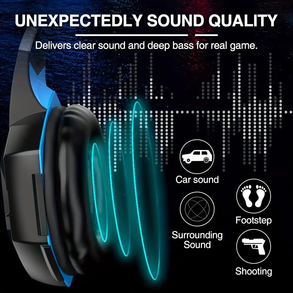 Gaming Headset with Mic LED Light Over Ear Wired Headphones for PC PS5 Xbox Nintendo Switch Video Games Immersive Surround Sound Noise Cancelling Microphone