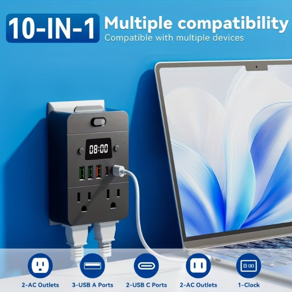 Desktop Power Strip with LED Desk Lamp & Clock 9-in-1, 4 AC Outlets & 5 USB Ports (3 USB-A & 2 USB-C), Surge Protection & Overload Safety for Office, Study, Home & School