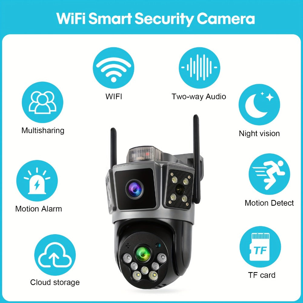 Dual Lens 3-Scene Security Camera WiFi Outdoor Indoor 355° Pan Tilt with Color Night Vision, AI Motion Sensor Alarm, Remote Monitoring, Cloud Storage & SD Card Up to 256GB – Wire-Free Home Surveillance
