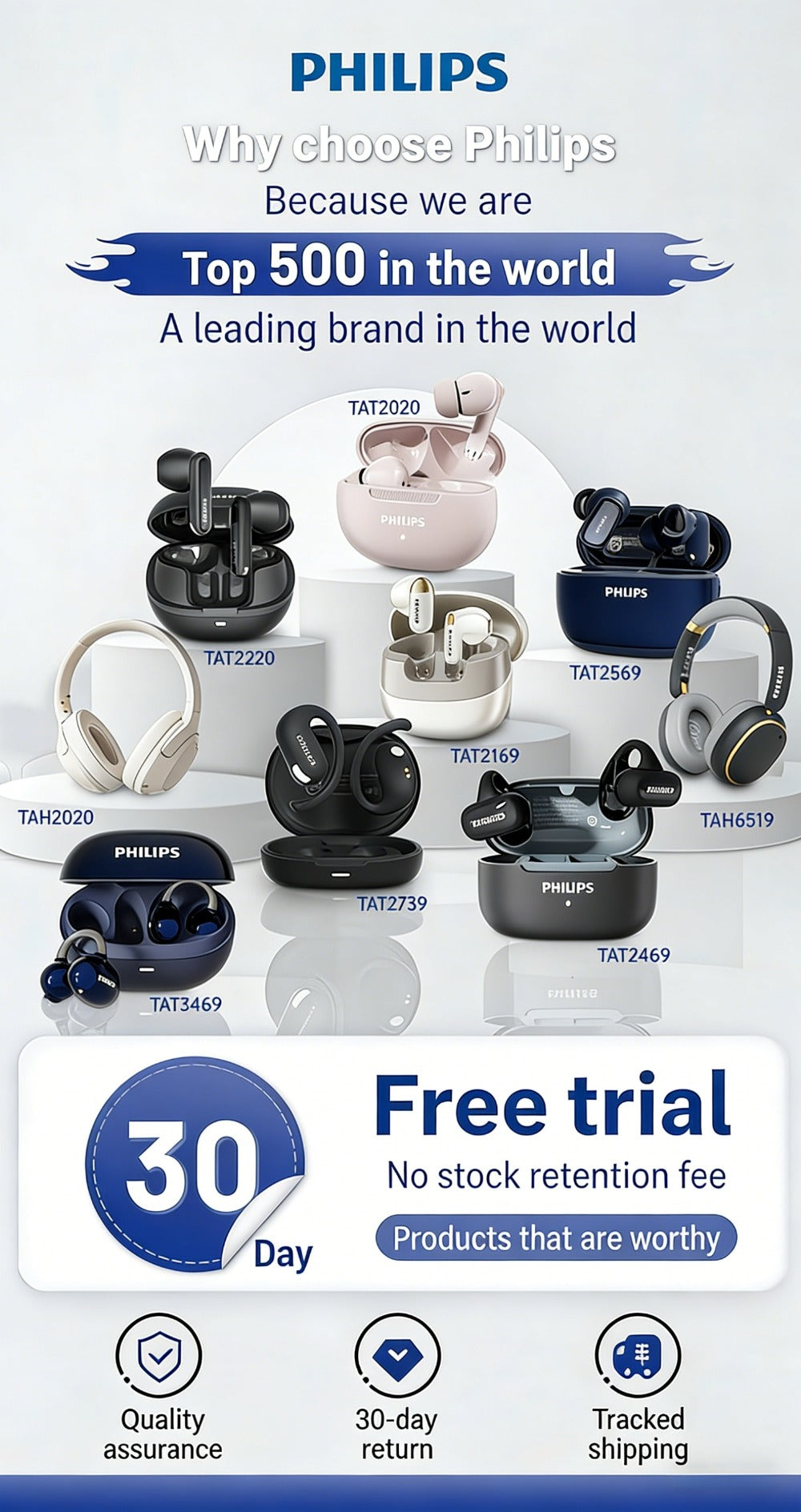 Philips TAT2569 Active Noise Reduction Wireless Earbuds, Dual Beamforming Mics 18H Playtime Bluetooth 5.4, Touch Control Secure Sport Fit Type-C Charging, Compatible with iPhone Android, Gift for Men Women