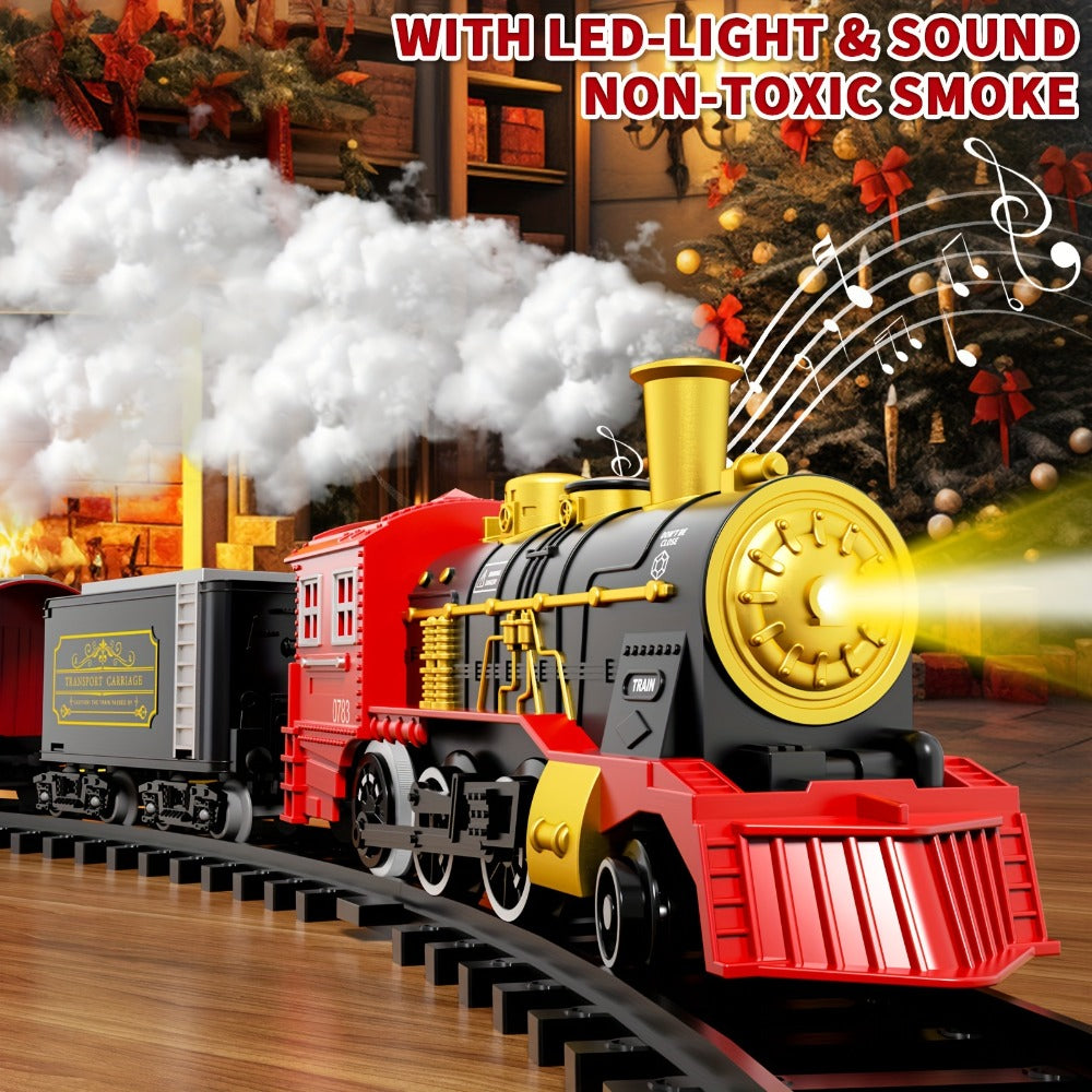 Electric Train Set with Smoke, Lights & Sound – 6-Car Christmas Toy Train with Switch Tracks