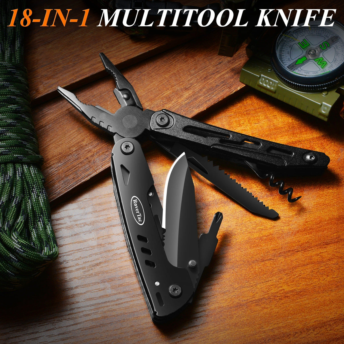 18-in-1 Stainless Steel Multitool Pocket Knife – Pliers, Scissors, Saw, Corkscrew & 9 Screwdrivers with Safety Lock & Nylon Sheath – EDC Multi-Tool for Camping, Hiking & Survival
