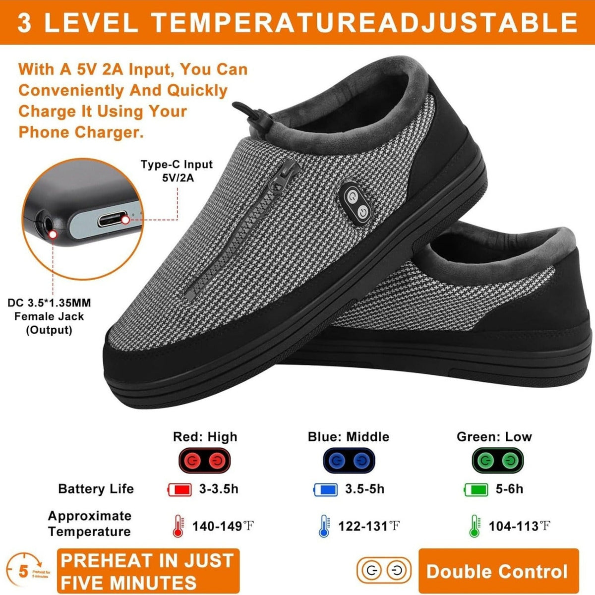 Heated Slippers for Men & Women with 5000mAh Battery - Electric Foot Warmer Shoes, Carbon Fiber Heating, 3 Heat Settings, 6-8 Hour Battery Life, Indoor Outdoor Plush House Slippers, M & L