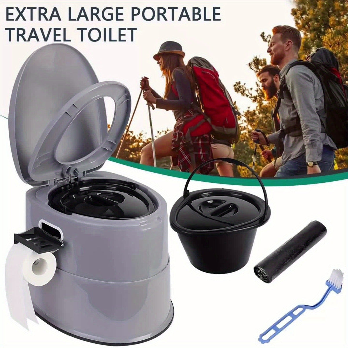 Portable Camping Toilet Extra Large for Adults – Indoor Outdoor Commode with Detachable Inner Bucket & Removable Paper Holder, Lightweight & Compact for Camping, Boat, Van & Emergency Use, Black & Gray