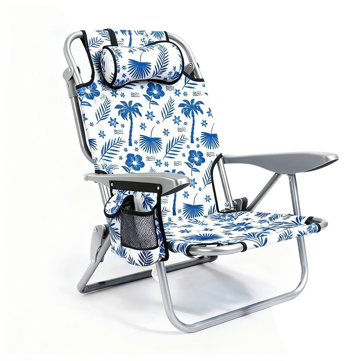 Folding Beach Chair Lay Flat Camping Chair for Adults 4 Position Adjustable Backpack Chair with Cup Holder Towel Bar Cooler Pouch Lightweight Portable Outdoor Lounge Chair