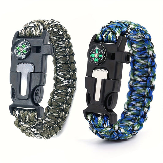 Paracord Survival Bracelet 2-Pack with Fire Starter, Compass & Whistle