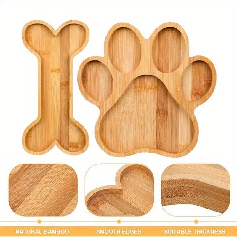 Bamboo Pet Food Bowl Set – Paw & Bone Shaped Wooden Serving Tray with 5-Compartment Snack Platter, Natural Charcuterie Board for Dogs & Cats, Party Candy Dish, 2 Pack