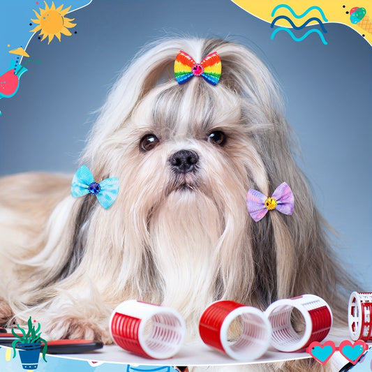 Dog Hair Bows with Tie-Dye Rhinestones and Rubber Bands, 100-Pack